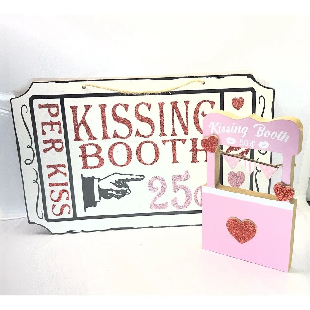 VALENTINE Kissing Booth Mini Stand w/ Banner & Sign- Lips/Hearts, Red/Pink-Decor